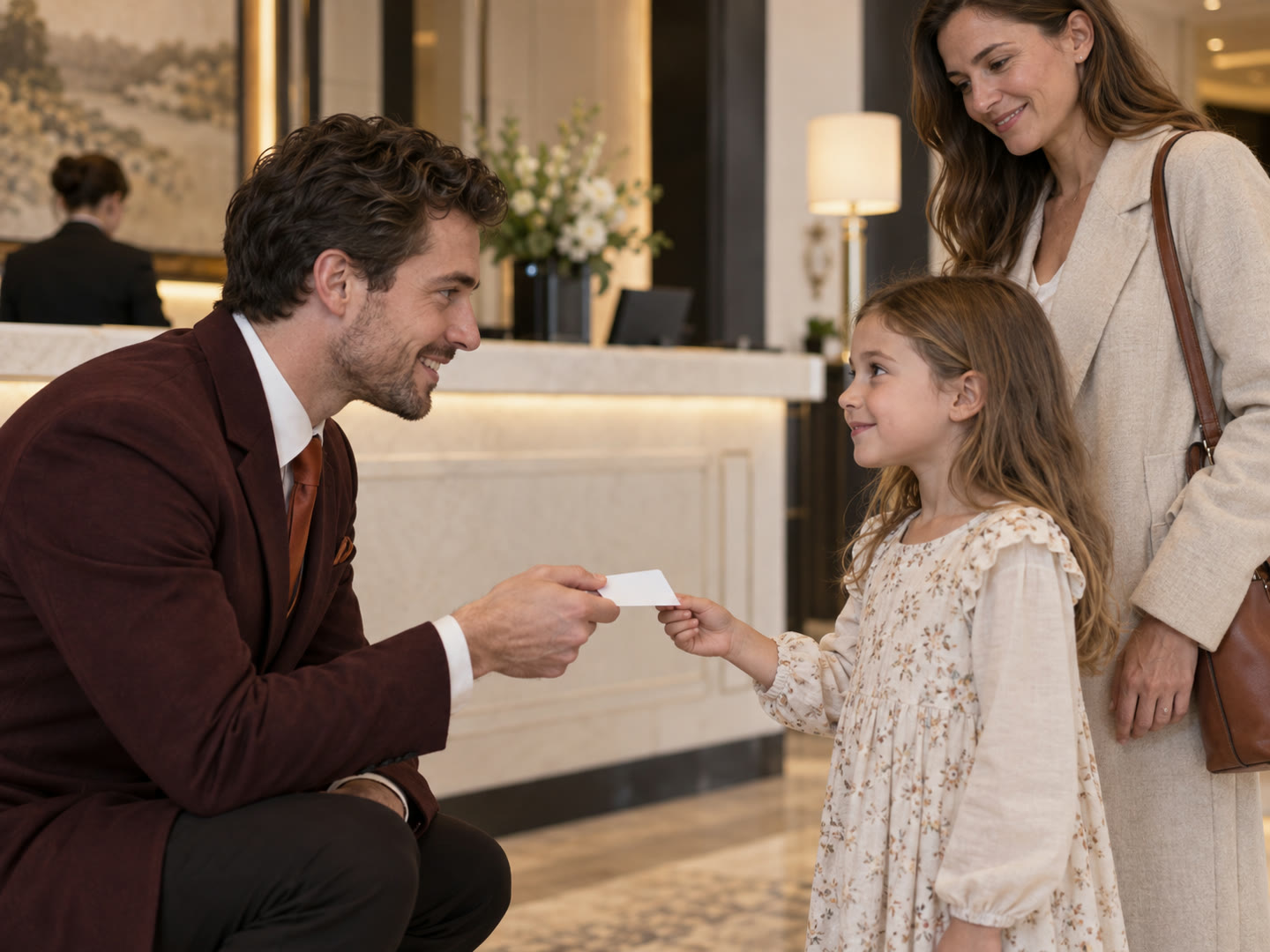Ein Hotelmitarbeiter überreicht einem Kind auf Augenhöhe eine Zimmerkarte, während die Mutter lächelnd zusieht.